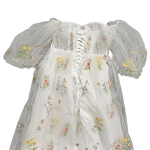 Women's Floral Embroidered Corset Maxi Puff Sleeve Dress in White, Size 12​​​ thumbnail 4