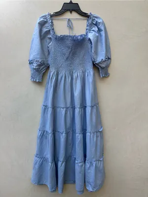 Hill House Home The Nesli Nap Dress Light Blue Glitter Check XS Smocked Puff Sle thumbnail 2