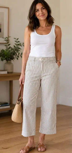 LOFT Cream Straight Leg Crop Pants with Black Pinstripes thumbnail 1