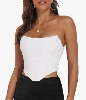 Women's Vintage Strapless Open Back Boned Mesh Bustier Zip Back Corset Bodyshaper Crop Top thumbnail 5