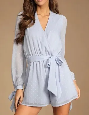 NWT Lulus Closer Look Light Blue Swiss Dot Tie-Sleeve Split Back Romper LARGE‎ thumbnail 1