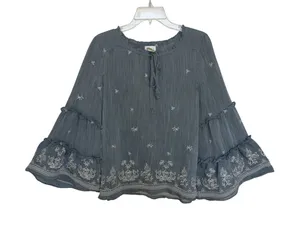 Anthropologie Fig & Flower Blue Embroidered Peasant Top Tiered Bell Sleeve L thumbnail 1