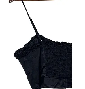 Zara Ruffled Satin Crop Top Adjustable Straps Front Buttons Smocked Back M Black thumbnail 6