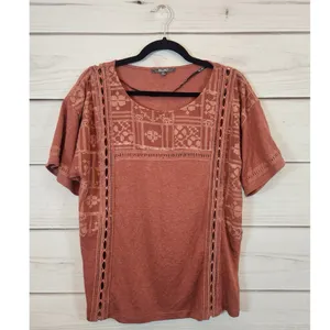 Miss Me Rust Embroidered Crochet Boho Blouse Top Size Small Western Festival thumbnail 2