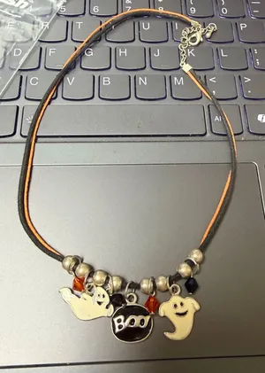 Halloween Ghost Boo Charm Necklace Black Orange Faux Suede‎ Cord 17 Inch thumbnail 1