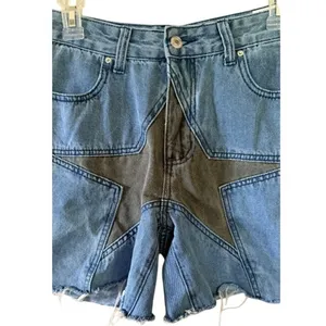ROMWE Women’s Star Patchwork Denim Shorts Blue Raw Hem Size Medium Jorts thumbnail 3