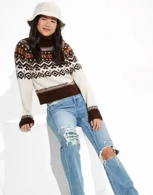AMERICAN EAGLE‎ Fairisle Snowdrift Turtleneck Sweater Cropped Fair Isle Small thumbnail 1