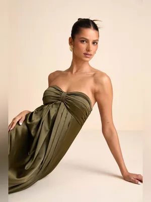 Lulu's Memorable Entrance Olive Green Strapless Satin Maxi Dress thumbnail 4