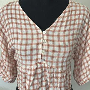 Newbury Kustom Plaid orange & white ruffle crop top w/ quarter sleeves & button down thumbnail 2