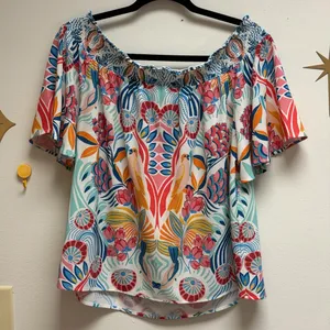 Flying Tomato Floral Bird Blouse L Multicolor Off Shoulder Boho Smocked Bold Top thumbnail 11