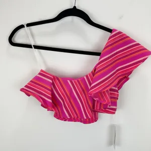Trina Turk Marai Swim Top One Shoulder Ruffle Pink Striped Padded Beach US 4 NWT thumbnail 4
