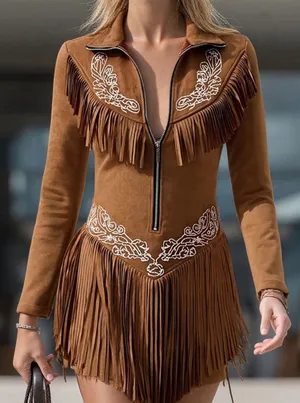 Oyrosy Vintage Western Style Embroidered Tassel LS Suede Mini Dress Brown L NWT thumbnail 1