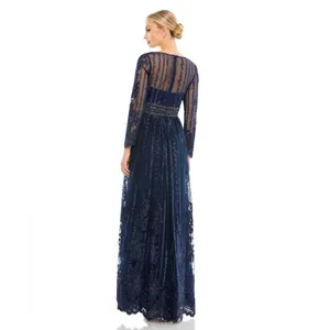 Mac Duggal Long Sleeve Floral Illusion‎ Midnight Navy A Line Gown Size 8 NWT thumbnail 3