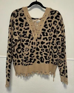 NWOT Willow moon‎ Tan and Black Leopard V-Neck Sweater thumbnail 1