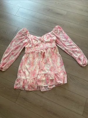 Arula Denali Floral printed Dress pink white and gold long sheer sleeves size 1X thumbnail 2