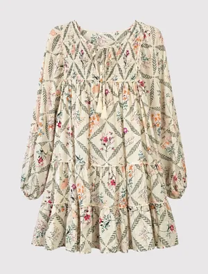 Talulah Mini Dress Beige Floral Smocked Tiered Flowy Peasant Boho Babydoll Small thumbnail 1