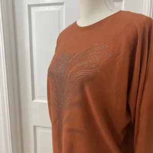 Sioni Embellished Rust Sweater XL Orange Studded Leaf Boho Autumn Western Boxy thumbnail 2