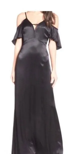 Ali & Jay Black Satin Cold Shoulder Flutter Sleeve V-Neck Maxi Gown Dress thumbnail 1