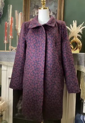 Ann Taylor Loft Womens Burgundy Navy Leopard Print Wool Blend Car Coat Size M thumbnail 1