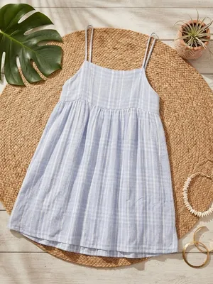 AMERICAN EAGLE Light Blue Plaid Textured Babydoll Mini Sundress | Cami Straps thumbnail 1