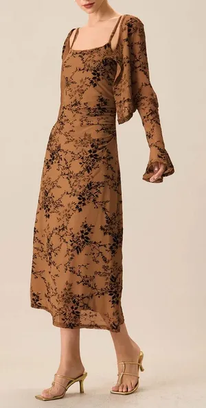 Rihoas Brown Floral Two-piece Midi Dress thumbnail 1