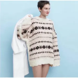 Zara Oversized Fair Isle Knit Sweater Pink Cream Side Button M-L NWT thumbnail 2