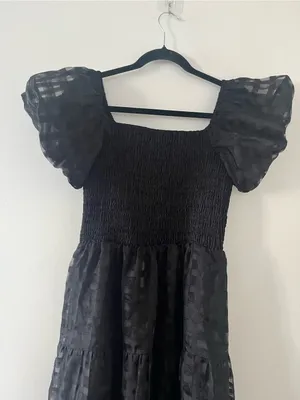 Prettygarden Black Smocked Puff Sleeve Midi Dress Medium Romantic Evening thumbnail 7
