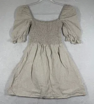 Reformation Oatmeal Beige‎ 100% Linen Smocked Puff Sleeve Mini Dress Size S thumbnail 1