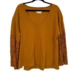 Anthropologie Orange Knit Pullover Sweater Womens S Floral Sleeve Fall Boho thumbnail 2