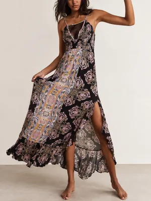 Free People Intimately That Moment Boho Vintage Inspired Black Floral Maxi Dress thumbnail 1
