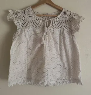 Jennifer & Grace Cream Cotton Eyelet Lace Blouse L Romantic Prairie Cottagecore thumbnail 1