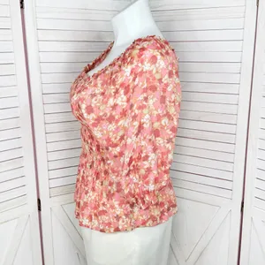 Nanette Lepore Cottagecore Floral Smocked Peplum‎ Puff Sleeve Blouse Pink Large thumbnail 2