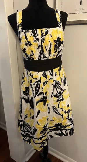 Vintage Y2K Sun Dress Yellow/White Black Trim Size14 City Triangles Party Church thumbnail 1