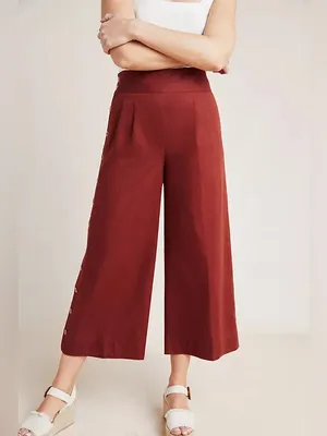Anthropologie Wide Leg High Waist Linen Pant Button Leg Detail Size 4 thumbnail 3