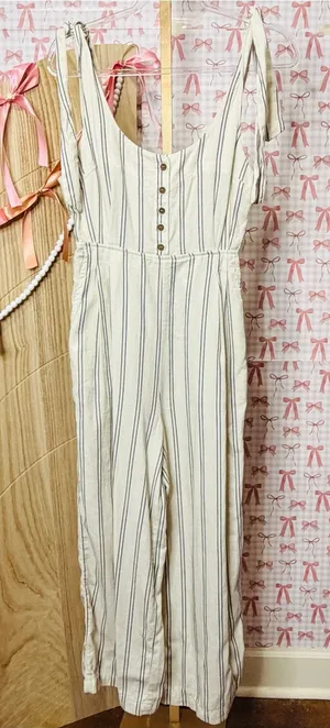 Free People Cream & Navy PinStriped Linen Tie-Shoulder Wide Leg Crop Jumpsuit 2 thumbnail 1