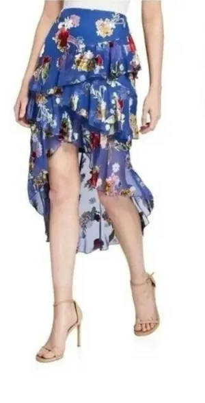 Alice + Olivia Blue Floral Skirt Velvet Burnout Tiered Ruffles Size 0 New NWT thumbnail 1