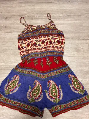 Earthbound Trading Co. Boho Blue Tan Paisley Floral Print Romper Womens Medium thumbnail 5