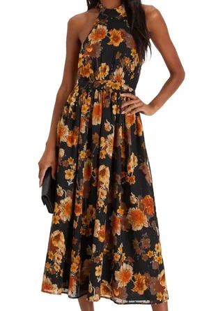Lulus Charming Vision black floral Swiss dot Lurex halter midi dress thumbnail 1