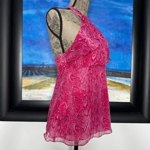 BCBGMaxAzria Ruffled Pink Snake Print Silk Halter Blouse Top Azaelea SMALL thumbnail 4