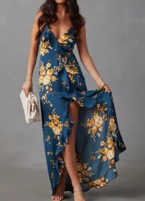 VICI Satin Floral Slit Maxi Slip Dress Green Large thumbnail 1
