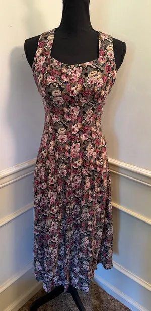 Vintage 90s All That Jazz Floral Rayon Midi Dress Cross Back Strap Grunge Retro thumbnail 1