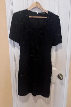 Royal Feelings VTG 80s SILK SEQUIN Dress Flapper 1920s Inspired Black size 10 thumbnail 1