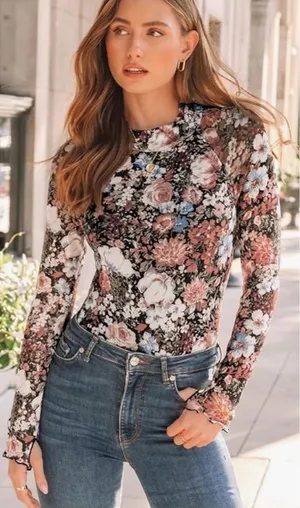 NWOT DeaLmore Semi-sheer Floral Mock Neck Long Sleeve Layering Blouse Medium thumbnail 1