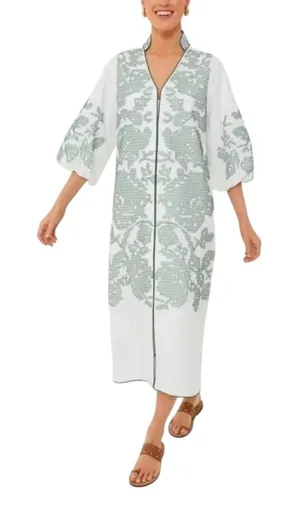 Tuckernuck Hyacinth House Arem Embroidered Caftan Small Front Zip White Green thumbnail 1
