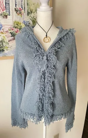 Takeout Y2K Vintage Fringed Trim Cuff Penny Lane Hooded Knit Zip Up Sweatshirt thumbnail 1
