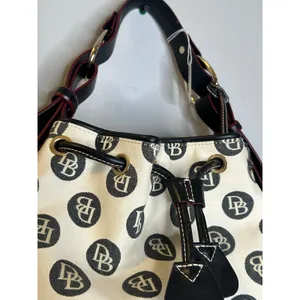 DOONEY & BOURKE Black White DB Monogram Black Leather Drawstring Bucket Bag thumbnail 8