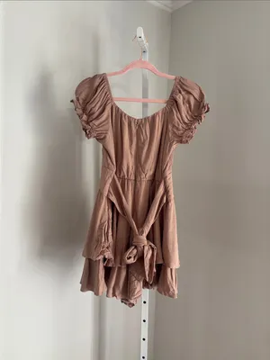 Altar'd State Taupe Haisley Double Layered Romper Mini Puff-Sleeve Tiered Size L thumbnail 3