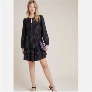 ANTHROPOLOGIE Black Metallic Long Sleeve Pippa Tiered Tunic Dress Medium thumbnail 9