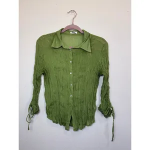 Jaipur Y2K Crinkle Green Tie Sleeve Button-Up Blouse Whimsical Fairycore M thumbnail 2