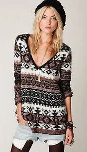 Free People Tunic Sweater Womens S Brown Excellent Southwestern V-Neck Knit thumbnail 1